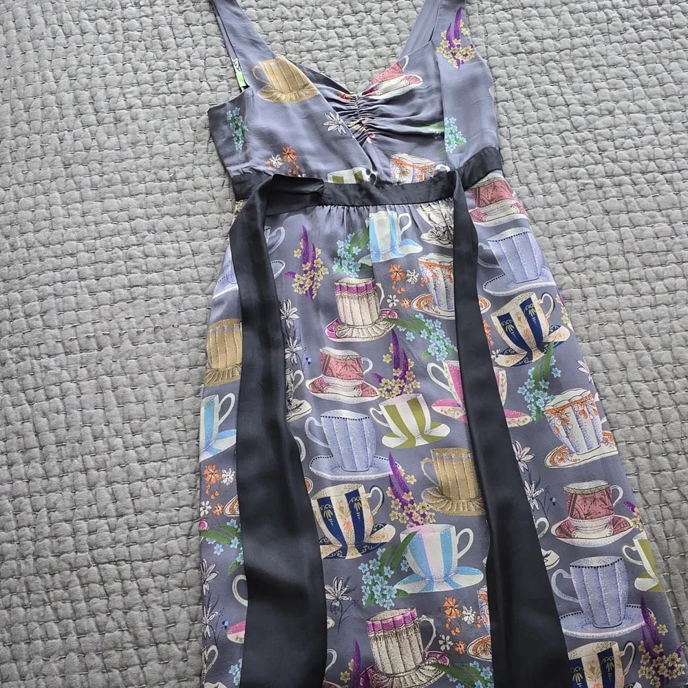 Anthropologie Dress By FLOREAT Teacup Print Purple Silk "Sugar & Cream Dress" - Picture 4 of 16